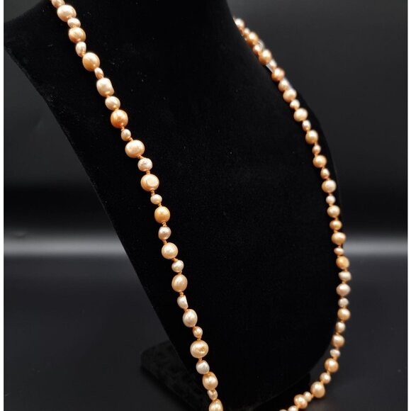 CGI Freshwater Pearl Long Necklace Hand-Knotted Natural Iridescent Peach - Picture 4 of 6
